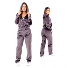 Women's Plus Size Sets In Velvet Plush Fabric, Blouse With Zipper And Basic Pants HZ-Con-001 - Dark Grey - View 1