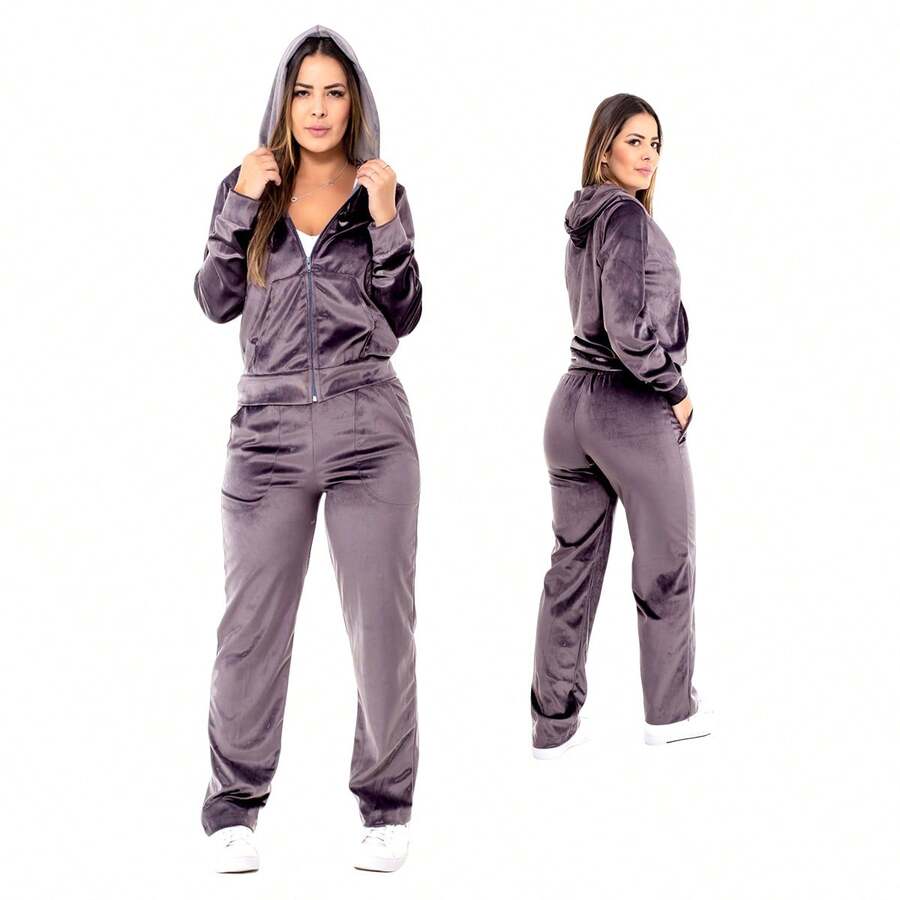Women's Plus Size Sets In Velvet Plush Fabric, Blouse With Zipper And Basic Pants HZ-Con-001 - Dark Grey - View 1