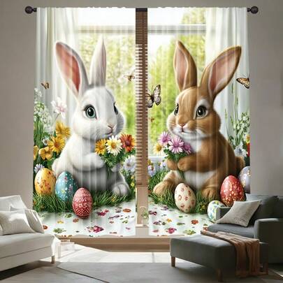2pcs Easter Bunny Curtains, Featuring Bunnies With Bouquets, Butterflies, And Egg Patterns, 2D Flat Print, Suitable For Living Room And Bedroom Window Decoration, Perfect For Easter And Spring Home Decor, With A Rod Bag Design.