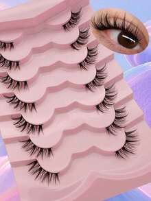 7 Pairs Natural Half Eye Lash Mermaid Tail Cat-Eye Faux-Mink Lashes | Black-Band 3D Wispy Shorties | Soft Natural Volume For Desk-To-Date, Brunch, Zoom Calls, Passport-Photo Ready, Wedding Guests, Travel & Festival Looks - Black - View 3