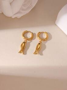 1 Pair Elegant Minimalist 18K Stainless Steel Matte Finish Small Fish Pendant Earrings, Suitable For Women's Holiday Outfits And Party Essentials - Gold - View 2