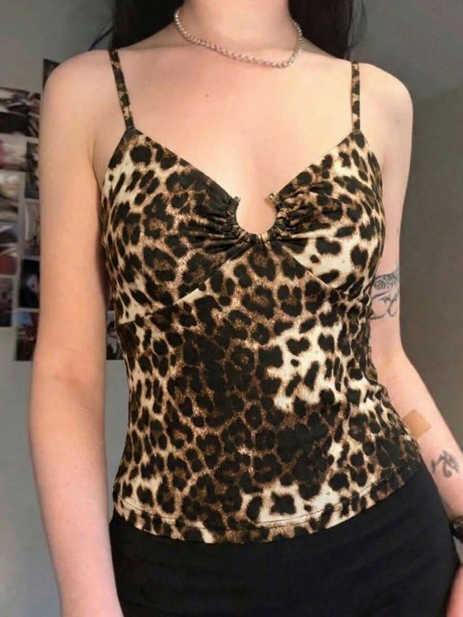 Women's Y2K Grunge Leopard Print Cami Top - Brown, U-Ring Detail, Ruched Bust, Slim Fit - Multicolor - View 1