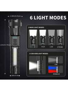 Buy 1 Get 1 Free, Total Of 2pcs High Lumens Rechargeable Led Battery Powered With 6 Modes Multifunctional Flashlights, Cob Side Light, USB C, Zoomable, Powerful Handheld Flash Lights Perfect For Emergency Power Outage - màu đen - Xem 7