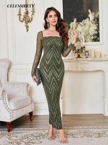 Olive Green Sequin Embroidered Dress, Elastic Mesh Christmas Party Wedding Evening Gown - Army Green - View 4