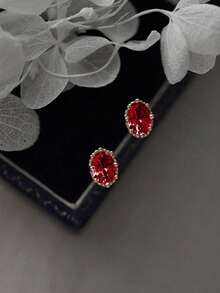 1 paire de boucles d'oreilles à tige en argent sterling S925 vintage avec zircone ovale. Bijou polyvalent pour un usage quotidien, cadeau pour les femmes, les amis, les couples. Nouvelle arrivée. - Elliptique Rouge-1 - Voir 3