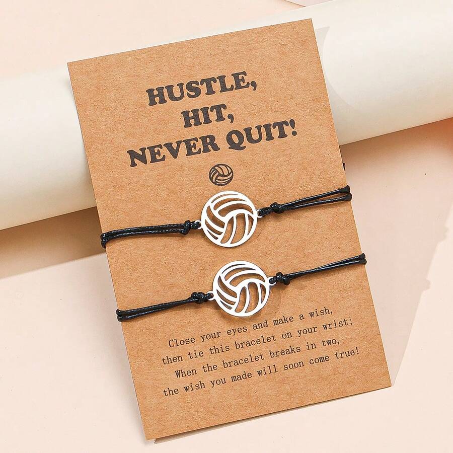 2 piezas Pulsera de acero inoxidable con colgante de voleibol retro trenzado, adecuado para hombres y mujeres