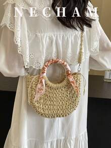 1 pieza Bolso de tote casual con forma de media luna de paja de moda, bolso de hombro versátil con estilo de campo francés - Beis - Ver 5