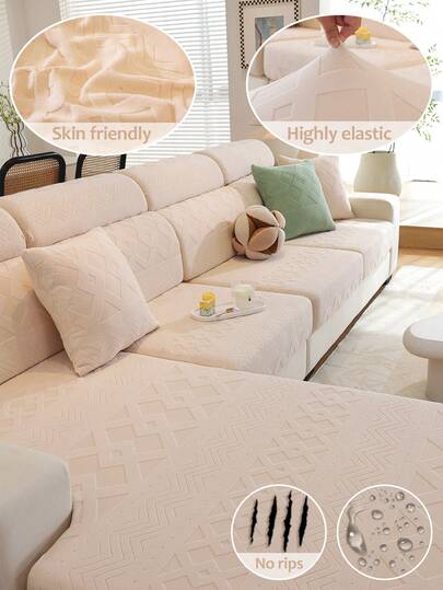 1 PC Jianji Shake Fleece Solid Color Jacquard Full Cover Sofa Hat Set With Three Seats And One Noble Consort Anti Cat Scratch And Anti Slip Four Seasons Universal Straight Line Sofa Cover Cloth,Living Room 1/2/3/4 Seat Sofa Cover