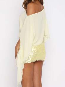 Women's Ruched Cape One Shoulder Poncho Double Layer Shrug See Through Flowy  Asymmetrical Neck Fitted Crop Top - Yellow - View 10