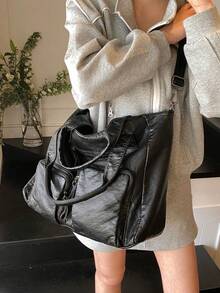 Black PU Leather Crocodile Texture Large Capacity Tote Bag, Multi-Pocket Design Suitable For Various Occasions, Can Be Worn As Shoulder Or Crossbody Bag, Adjustable Strap, Fits 16-Inch Laptop, Files, Great For Shopping, Travel, Holidays, Casual, Soft Texture - Black - View 4