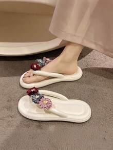 软底防滑耐磨室内沙滩拖鞋，透气轻便平底人字拖 - 白色 - 查看 4