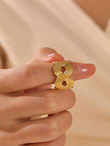 1pc 18K Gold Plated Stainless Steel Geometric Striped Ring, Suitable For Women's Daily Wear - Gold - View 2