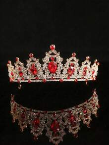1pc Women's Red Gold Rhinestone Bridal Crown, Elegant & Graceful For Wedding, Ball, Party Wear - Red - View 3
