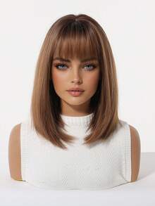 12 Inch Machine Made Heat Resistant Synthetic Wig With Bangs, Light Brown Highlight Layered Bob Wig For Daily Wear & Party Looks - Brown - View 3