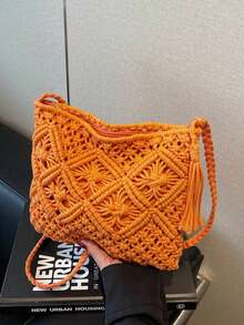 1 pezzo Nuova borsa a spalla intrecciata da donna per l'estate, borsa sotto braccio in maglia di grande capacità, borsa a tracolla versatile da spiaggia, borsa a tracolla da spiaggia alla moda per le vacanze - Arancione - Visualizzare 5