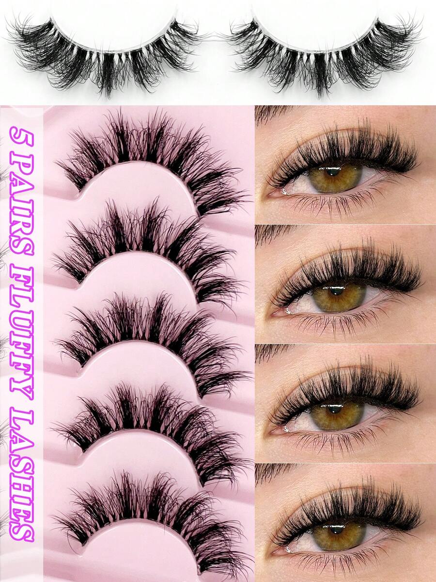 ENCHUW 5 Pairs False Eyelashes Wispy Lashes With Clear Band Natural Looking Wispy Cross Eyelash Fake Eyelashes For Party Makeup Faux Mink Lashes - Black - View 1