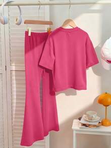 2 Stücke/Set Mädchen Leoparden Muster Schleife Blumen Rundhals Kurzarm T-Shirt + Hose, Lässig Sommer Haus- & Outdoor-Bekleidung - Heißes Pink - Übersicht 2