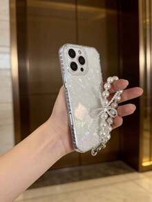奢华炫彩贝壳纹理手机壳 + 仿珍珠蝴蝶结挂绳，兼容苹果 17、17 Pro、17 Pro Max、16 Pro Max、16 Pro、16、11、12、13、14、15、12 Pro Max、13 Pro Max、14 Pro Max、15 Pro Max，苹果手机保护壳 - 白色 - 查看 4