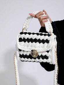 1pc Handmade Woven Punk Style Black & White Plaid Shoulder Bag, Chain Crossbody Bag, Versatile Artistic Handbag, Detachable Chain, Large Capacity Square Bag, Suitable Gift For Girlfriend Or Best Friend - Multicolor - View 7