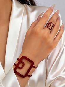 金属豹纹几何手链和可调节戒指套装，夸张而个性化的女性风格 - 豹紋 - 查看 13