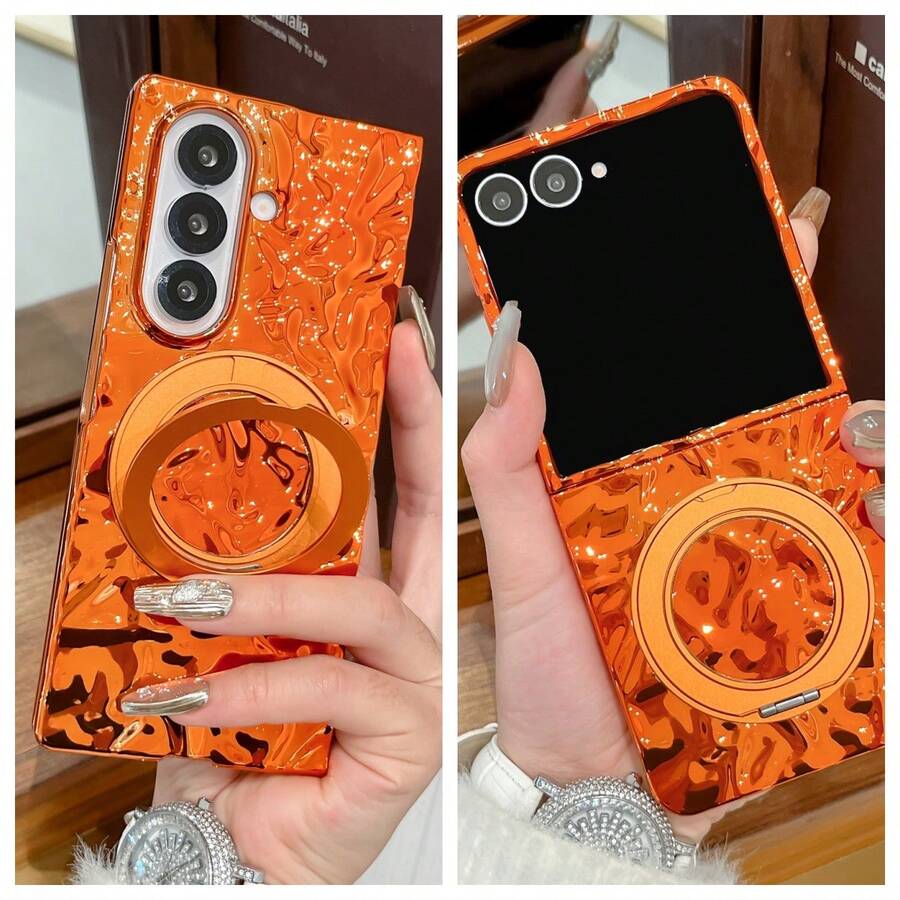 Wave Ripples 1pc Women/Girls Folding Phone Case, Orange Electroplated 360° Rotation Bracket Protective Cover For Samsung Galaxy Z Fold7, Galaxy Z Fold6, Galaxy Z Flip7, Galaxy Z Flip7FE, Galaxy Z Flip6, Galaxy Z Flip5