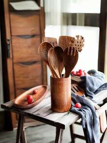 5件套/9件套/10件套耐热天然黄杨木厨房用具套装，易于清洁，时尚优雅的木制烹饪工具，包括木勺和木铲，适用于厨房、餐厅和客厅。 - 棕色 - 查看 3