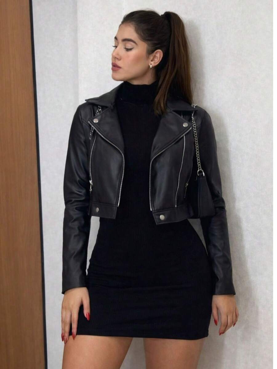 Leather Jacket + Long Sleeve High Neck Dress Set - Black - View 1