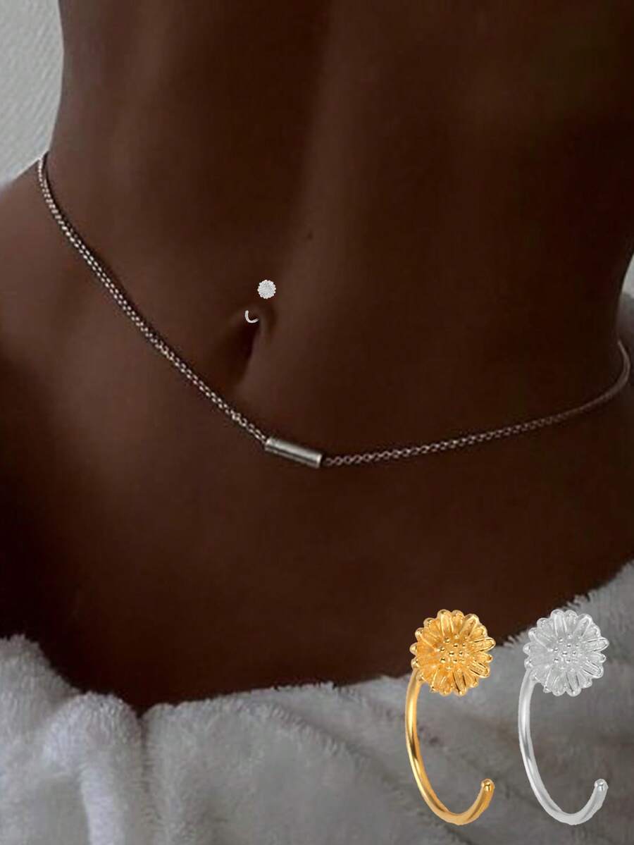 1件S925纯银镶钻雏菊肚脐环，奢华甜美日常佩戴肚脐穿刺饰品，女士生日/周年纪念礼物 - 單隻 - 查看 1