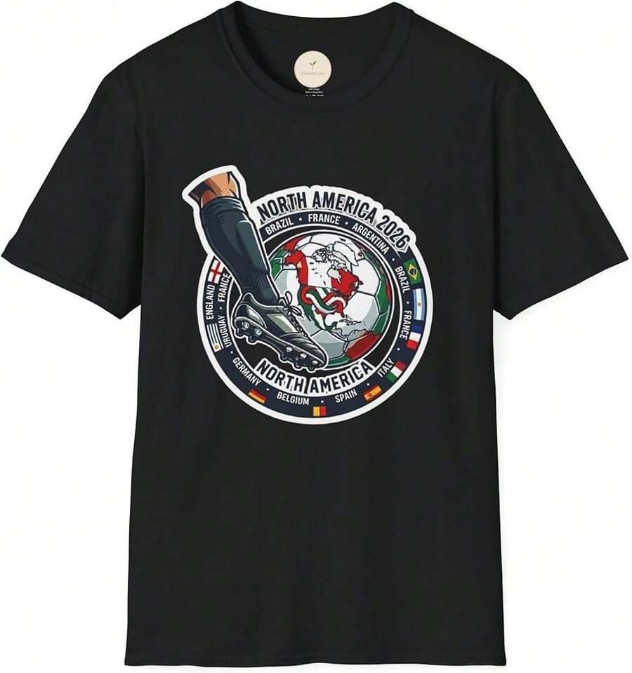 North America 2026 Soccer Tee _ World Cup Flags Ring Graphic _ Unisex Cotton Fan Shirt - 黑色 - 查看 1