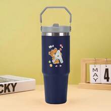 30盎司不锈钢保温水杯，带提手，双层壁防漏，适用于大多数杯架，带盖和吸管，适合健身房、家庭、办公室和旅行，A-Z字母熊图案 - 藏蓝色 - 查看 15