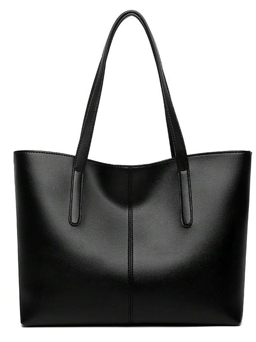 时尚女士新款拼接多隔层手提包，女士商务手提包，单肩包，大容量复古手提包 - 黑色 - 查看 1