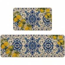 Blue Floral Lemons Spring Kitchen Mats, Home Decor Low-Profile Kitchen Rugs For Floor 48x17 Inches/28x17 Inches Or Kitchen Mat Set - 預設 - 查看 1