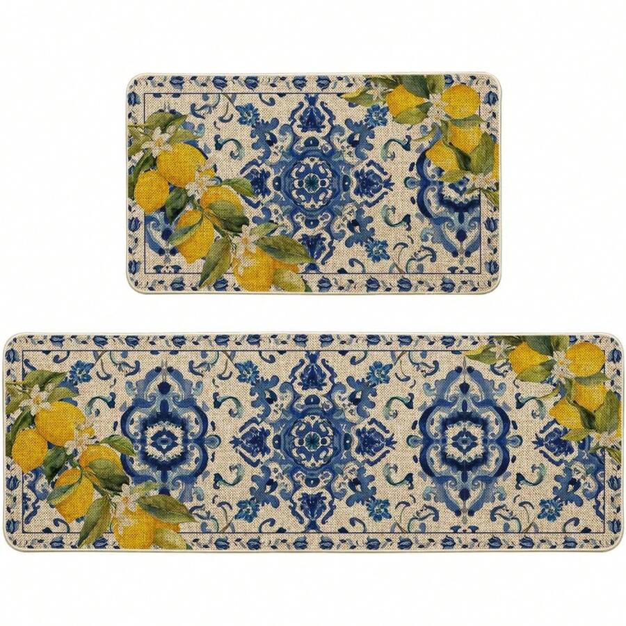 Blue Floral Lemons Spring Kitchen Mats, Home Decor Low-Profile Kitchen Rugs For Floor 48x17 Inches/28x17 Inches Or Kitchen Mat Set - 預設 - 查看 1