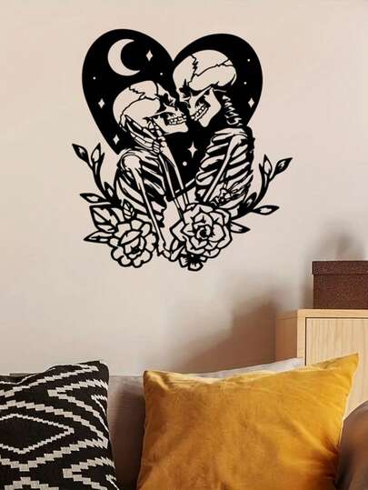 1pc Gothic Metal Decor Hanging Ornament, Unique Skull Couple Wall Art Decor For Bedroom, Living Room, Entryway