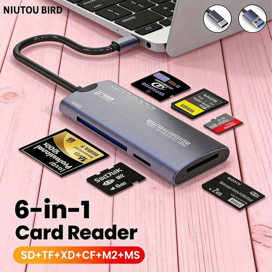 Fast Charging Multi-Function Card Reader 1pc Ostrich 6-In-1 Multi-Function Card Reader, USB High-Speed Data Transfer Adapter Compatible With Type C, SD, TF, XD, CF And M2 Storage Cards For Camera And Computer, Plug And Play No Battery Required Spring Gift Birthday Party - 彩色 - 查看 1