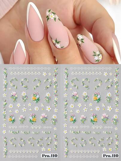 2pcs Daisy Flower Bouquet Leaf Spring Nail Stickers French Garden Floral Petal Vine 3D Nail Art Decals Wedding Nail Supplies DIY Holiday Party Nail Charms Decorations