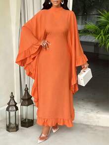 AIJ Amarilo Elegant Women's Solid Color Round Neck Batwing Sleeve Dress, Ruffle Hem, Middle Eastern Arabic Style, Adjustable Size - Orange - View 3