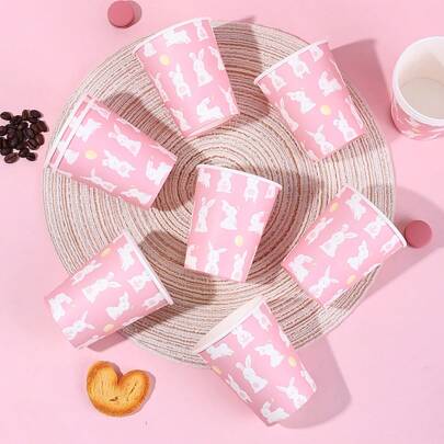 10pcs/20pcs/40pcs,Easter Pastel Pink Disposable Paper Cups Cute Happy Easter Bunny Design 9oz Paper Cups For Easter Celebrations Birthdays Gatherings Vibrant Eye-Catching, White Rabbit Paper Cup For Juice Coffee Hot Cold Drink Home Party Supplies