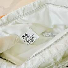 Christian Dior White Woven Plaid Cosmetic Bag, 3D Diamond Grid Pattern With Circular Weave Texture, Embossed Logo, Silver Metal Zipper, Made Of 100% Polyester (RPET) Durable Material. Soft White Satin Lining To Effectively Protect Cosmetics. - White - View 3