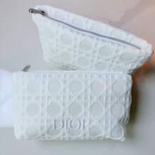 Christian Dior White Woven Plaid Cosmetic Bag, 3D Diamond Grid Pattern With Circular Weave Texture, Embossed Logo, Silver Metal Zipper, Made Of 100% Polyester (RPET) Durable Material. Soft White Satin Lining To Effectively Protect Cosmetics. - White - View 5