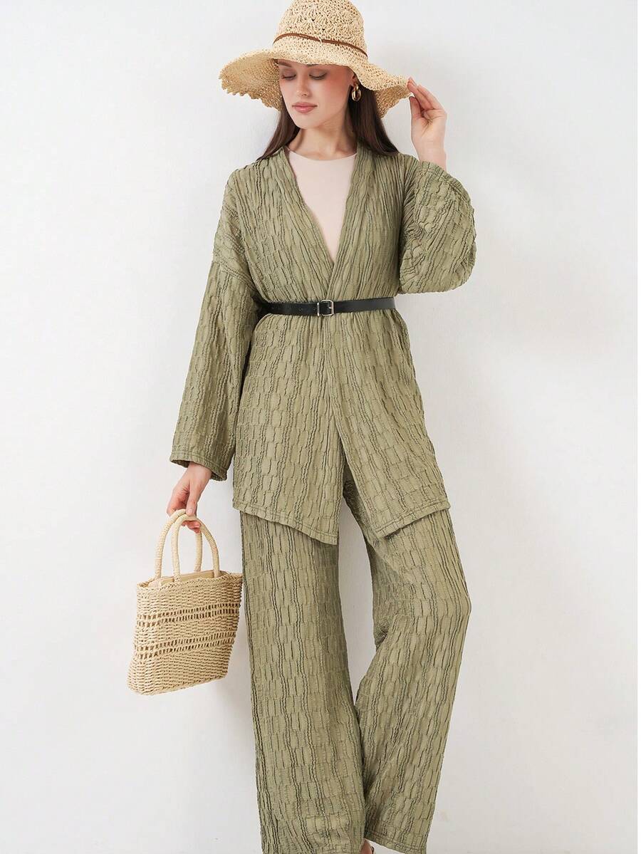 Women's Full Print Long Sleeve Single-Breasted Jacket And Pants Casual Suit - Army Green - View 1