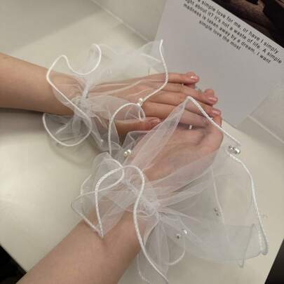 透明薄纱珍珠新娘臂环 - 简约时尚细袖口设计，知性优雅，婚纱配饰，适合搭配婚纱，性感迷人，适合婚礼、宴会、约会和其他场合。