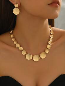 2pcs Women Jewelry Set, Geometric Circle Grid Pattern Gradient Combination Necklace And Earrings, Classic Elegant Versatile For Daily, Festival, Party Wear - Yellow Gold - View 13