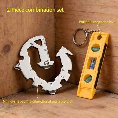 2pcs Set: Portable Torpedo Level (9.5cm/3.74in) + 12-In-1 Stainless Steel Mini G-Shaped Multifunctional Portable Tool (5.5cm/2.17in). The Mini Torpedo Level Comes With A Keychain, And The G-Shaped Multi-Tool Has 12 Functions In One, Making It A Portable Toolbox For Home, Outdoor And Various Repair Needs.