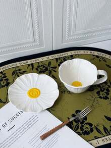 1 Set Ceramic Floral Coffee Cup (Cup + Saucer), Yellow, White, Creative Floral Drinkware, High-End Handpainted Afternoon Tea Cup And Saucer Set, Suitable For Coffee, Tea, Milk, Ramadan Gift - Multicolor - View 5