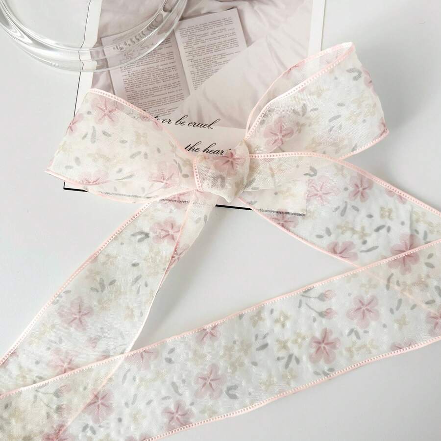 2 Yards Transparent Chiffon Ribbon, Floral Printed Textured Ribbon, Suitable For Floral Bouquet Decoration, Gift Wrapping, Party Decor, Handmade DIY Bow, Soft And Smooth Texture, Peach Blossom Ribbon, Wedding, Valentine's Day Gift, Pink Satin Ribbon, Handmade Pink Ribbon Roll, Pink Bow Ribbon, Handmade Ribbon, Elegant Ribbon, Party Favor Ribbon, Decorative Ribbon - 1pc Pink - View 1