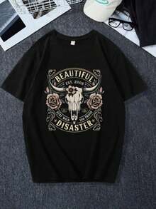 Christmas & Halloween Gift Casual T-Shirt - "Beautiful Disaster" Bull Skull & Rose Vintage Graphic (Single Piece, Material: 100% Cotton) - 黑色 - 查看 1