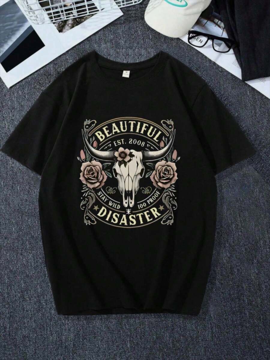 Christmas & Halloween Gift Casual T-Shirt - "Beautiful Disaster" Bull Skull & Rose Vintage Graphic (Single Piece, Material: 100% Cotton) - 黑色 - 查看 1