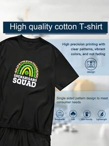 Men's T-Shirt, Women's T-Shirt,  St Patrick's Day Themed Designs Featuring,  Rainbow Pattern With Leopard Print And Green Shamrock Centered Above Text Shenanigans Squad In Bold White Letters On Black T Shirt Comfortable And Versatile Outdoor Casual Short Sleeve - Negro - Ver 6