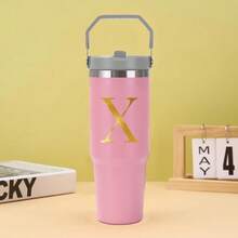 30oz Water Bottles Stainless Steel Insulated Tumbler With Carry Handle Double Walled Leak Proof Fits Most Cup Holder Water Cup For Gym Home Office Travel A-Z Letters Gold Pattern - Multicolor - View 30